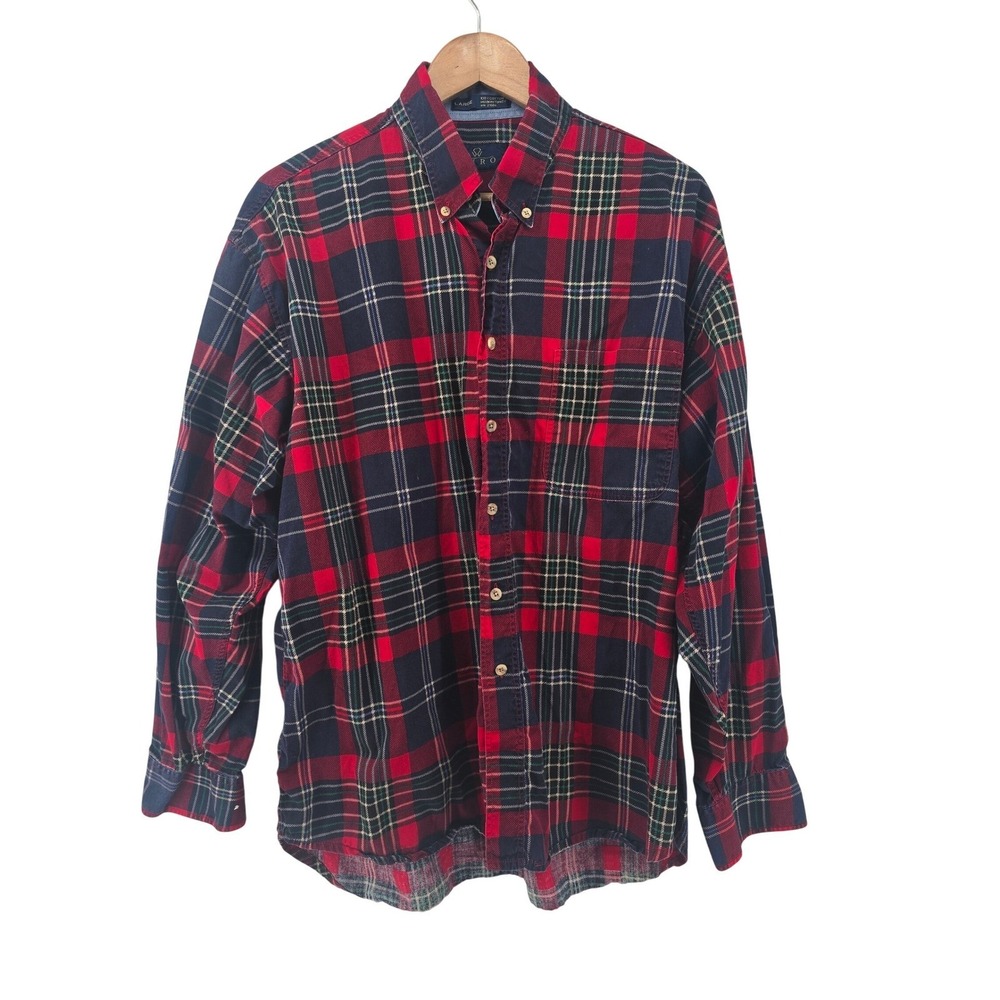 Enro Button Down Shirt Mens Large Red Navy Blue Plaid Tartan Long Sleeve Cotton